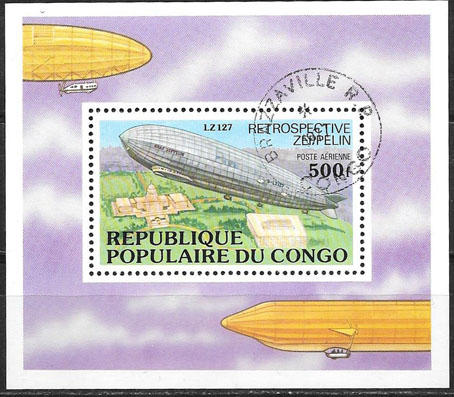 Конго 1977 год. Дирижабли цеппелин. Гашеный блок Конго 1977 год. Дирижабли цеппелин. Гашеный блок